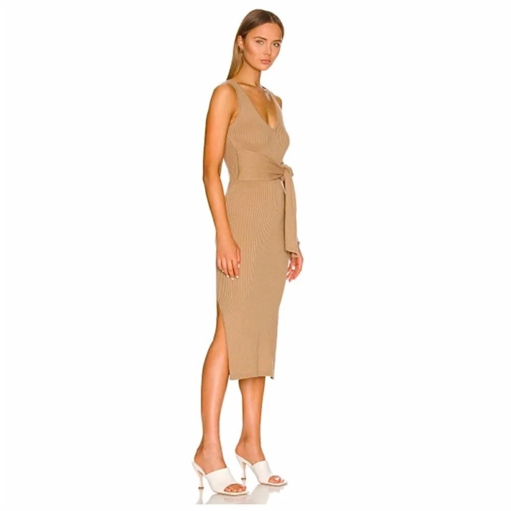 Good American Wrap Tie Sleeveless Sweater Midi Dress Tan 2 M Belted Body